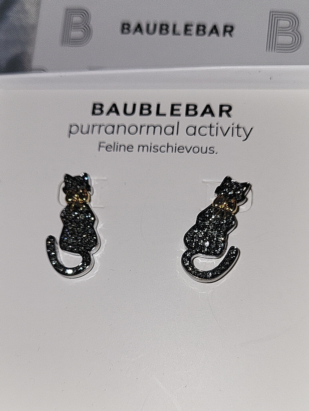 BaubleBar Black Glitter Cat Stud Earrings Gold Detail Feline Mischievous M Te